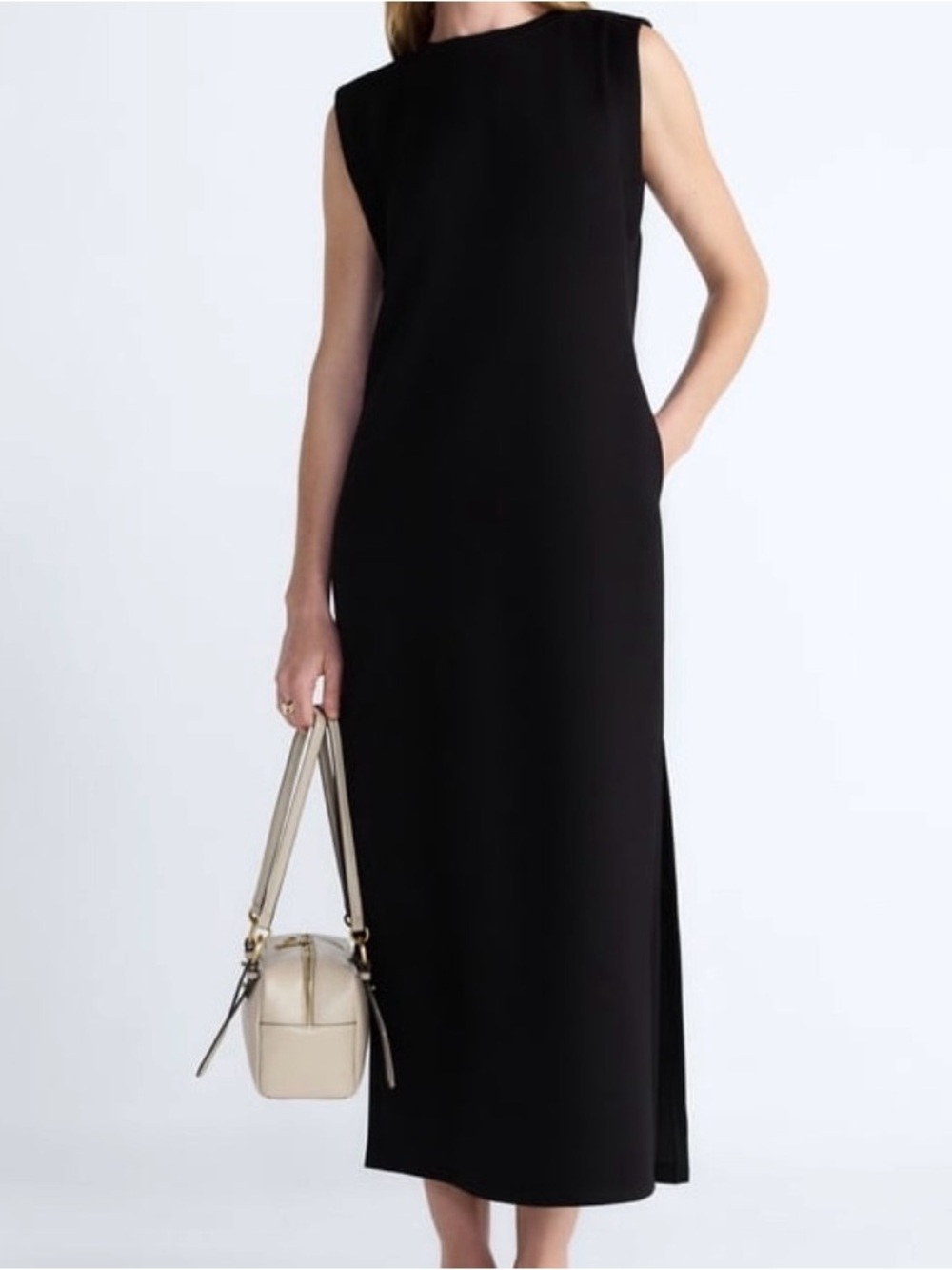 Sleeveless Black Maxi Dress with Side Slit. Scuba Knit.